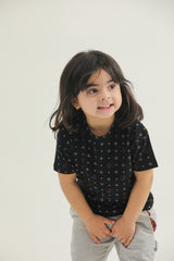 Girls Black Geometric Print Co-Ord Set | Matching T-Shirt & Trouser