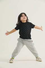 Girls Black Geometric Print Co-Ord Set | Matching T-Shirt & Trouser