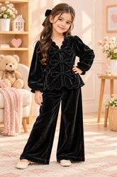 Girls’ Blackish Grey Velvet Bow Co-ord Set