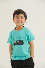 911 Graphic Tee | Boys Cotton T-Shirt | Sky Blue & Red