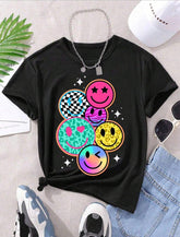 Kids Black Retro Smiley Face Cluster Graphic T-Shirt