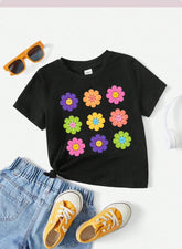 Girls Black Smiley Daisy Flowers Graphic T-Shirt