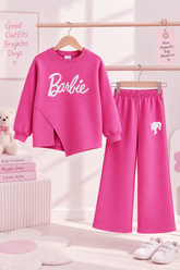 Barbie Print Girls Fleece Co-ord Set — Hot Pink Wide-Leg Sweatshirt & Trouser