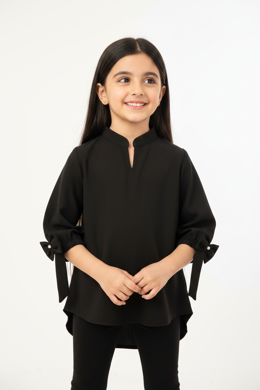 Black Crepe Top - Fixed Pearl Detail