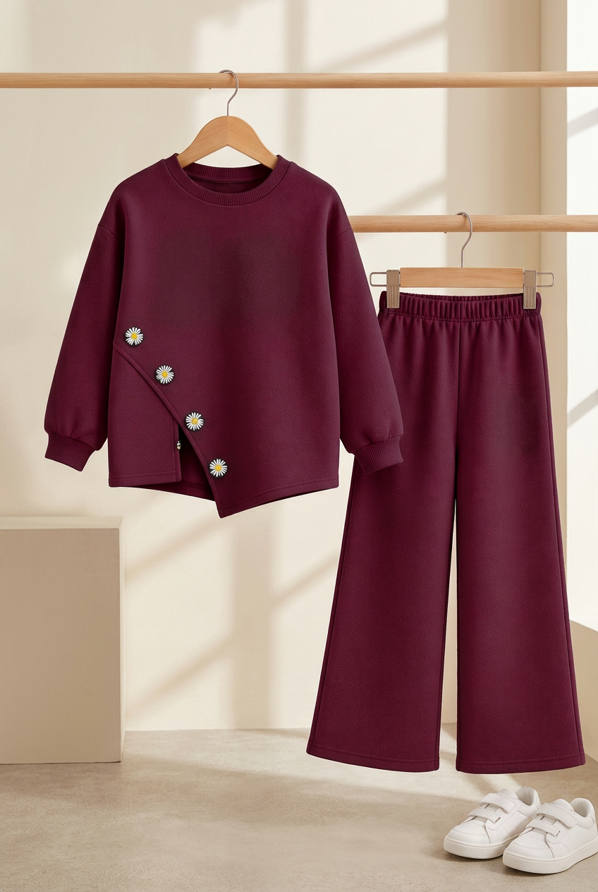 Burgundy girls floral co-ord on hangers in a premium setting