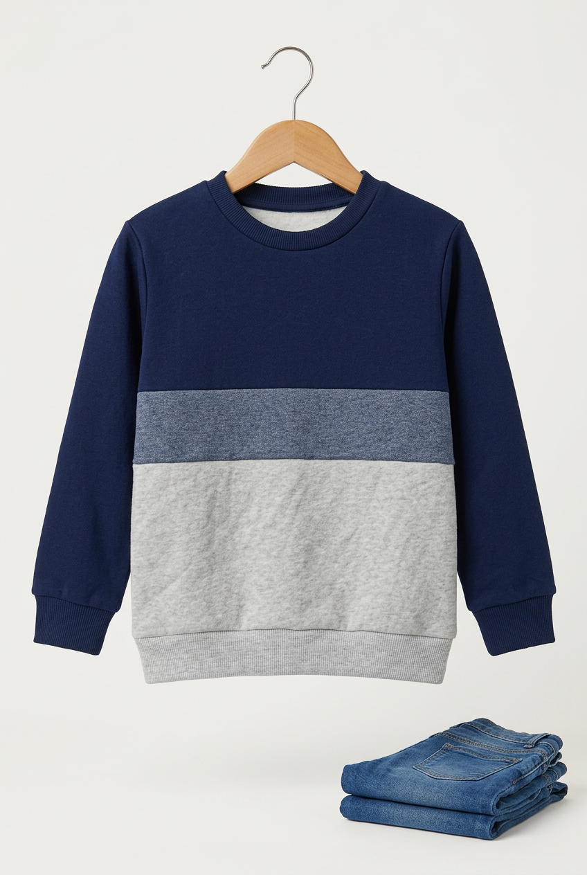 Clean kids sweatshirt hanging beside stacked denim