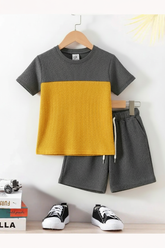 Grey & Mustard Waffle-Knit Set - Hanger Style (Texture Match)