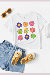 Kids White Smiley Daisy Flowers Tee - Flat Lay