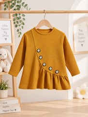 Mustard Daisy Waffle Knit Girls Top – Asymmetric Ruffle & Embroidered Daisy Patches