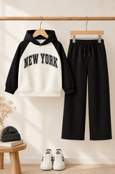 New York co-ord set with drawcord open-hem trousers, styled with sneakers and premium props
