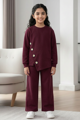 Pakistani girl wearing the burgundy floral wide-leg co-ord