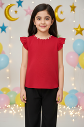 Red Pearl Short Top with Black Pants - Eid Festival