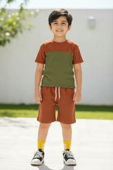 Rust & Olive Waffle-Knit Set - Boy Model (Corrected Colors)