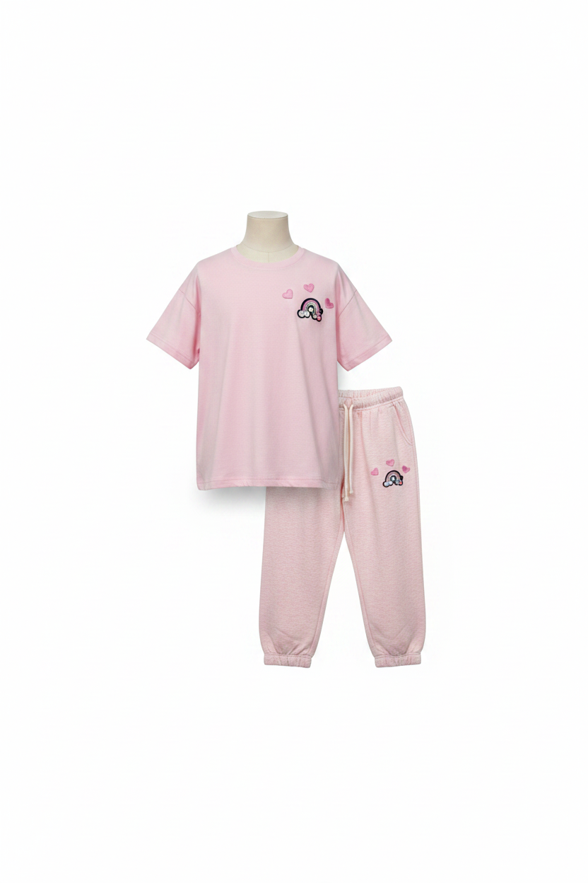 2-Piece Pink Outfit — Badges on Trouser Leg