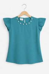 Girls’ Pearl-Embellished Flutter Sleeve shirt