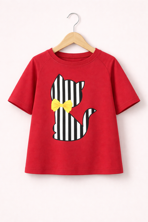 Red Kids T-shirt with striped cat design