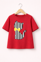 Red Kids T-shirt with striped cat design