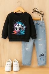 Football sweatshirt with acola denim jeans outfit