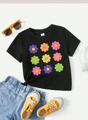 Girls Black Smiley Daisy Flowers Graphic T-Shirt