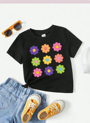 Girls Black Smiley Daisy Flowers Graphic T-Shirt