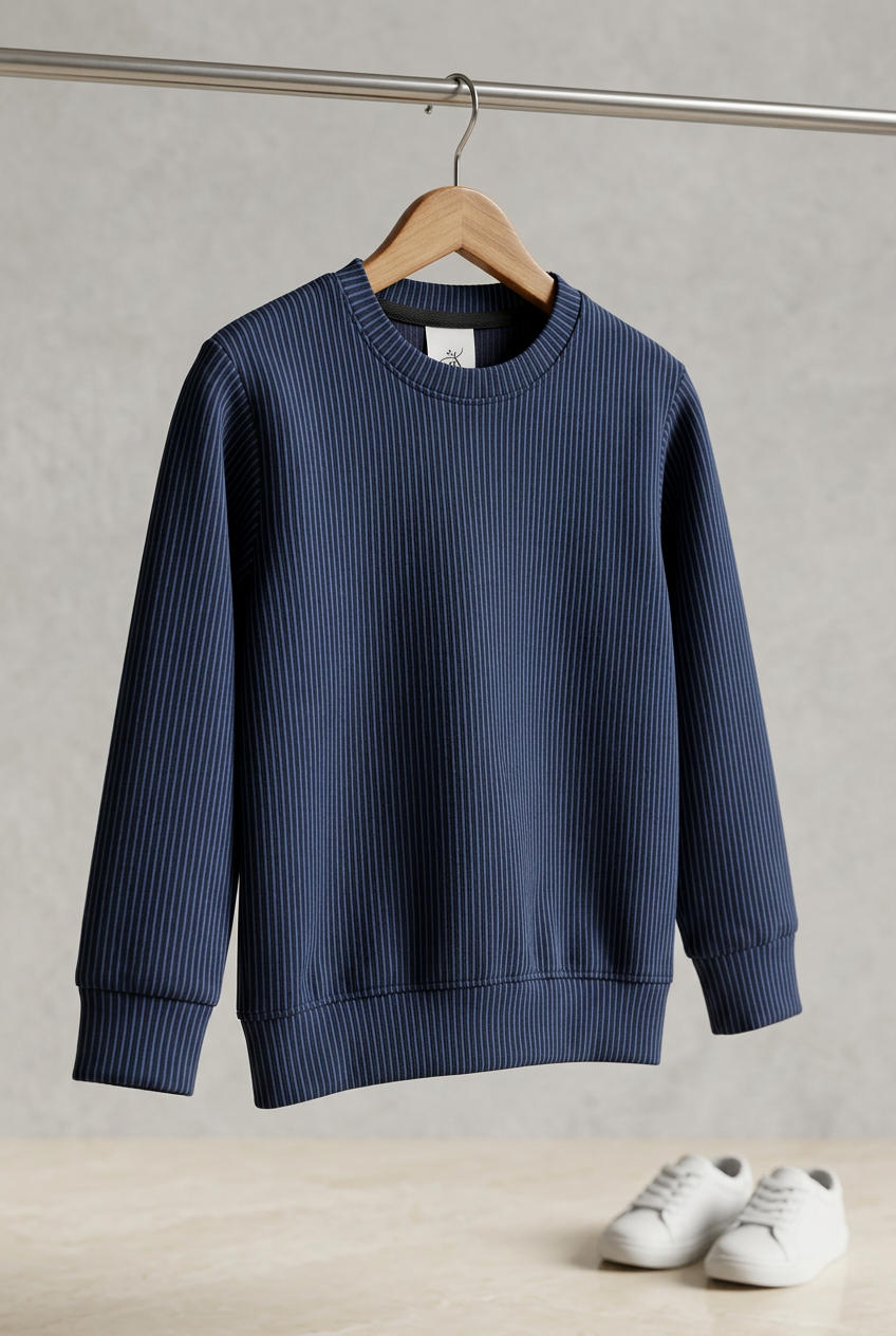 Angled hanging view of navy heavyweight jersey sweatshirt