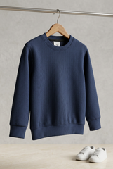 Angled hanging view of navy heavyweight jersey sweatshirt