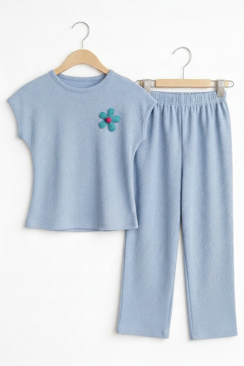 Baby Blue Kids Set with Teal Flower Applique