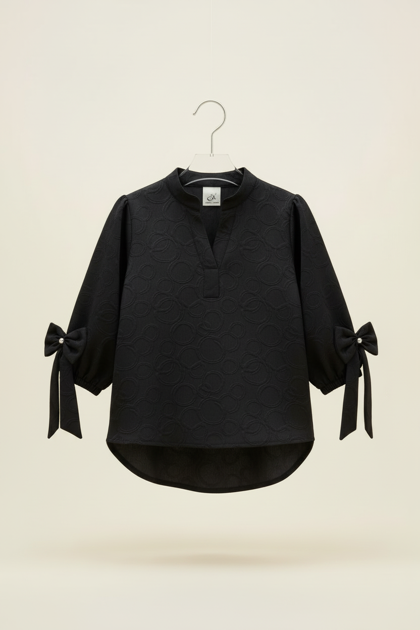 Black Jacquard Bow Cuff Top - Hanger