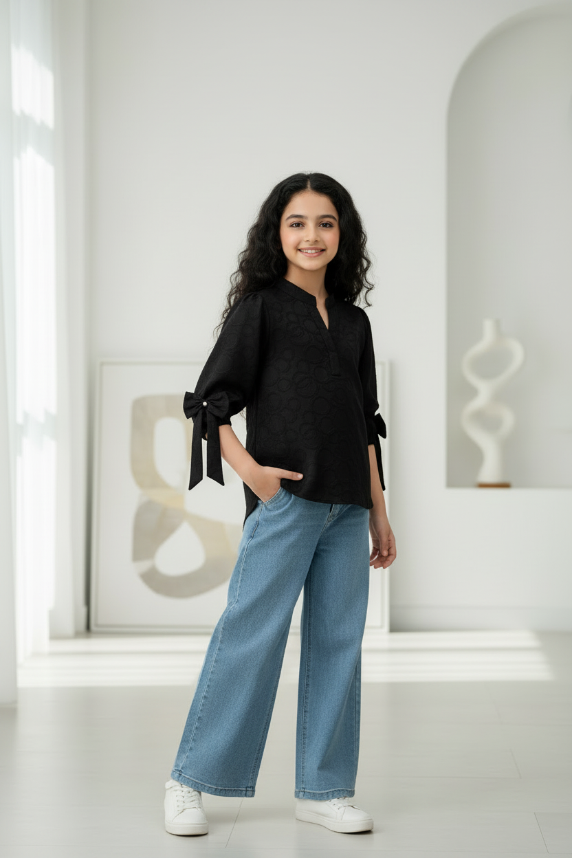 Black Jacquard Top with Light Blue Denim - Model