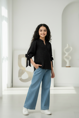 Black Jacquard Top with Light Blue Denim - Model