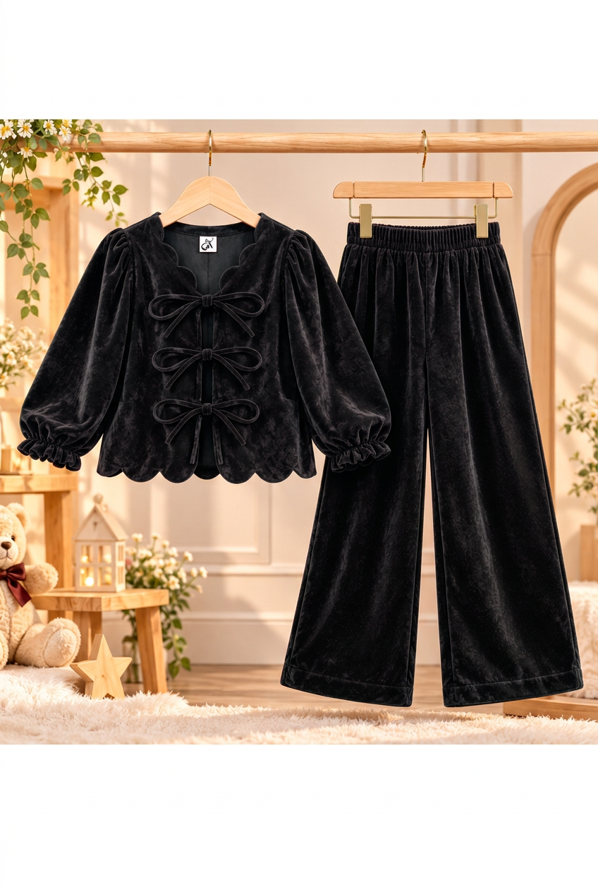 Black matte velvet outfit on separate wooden hangers