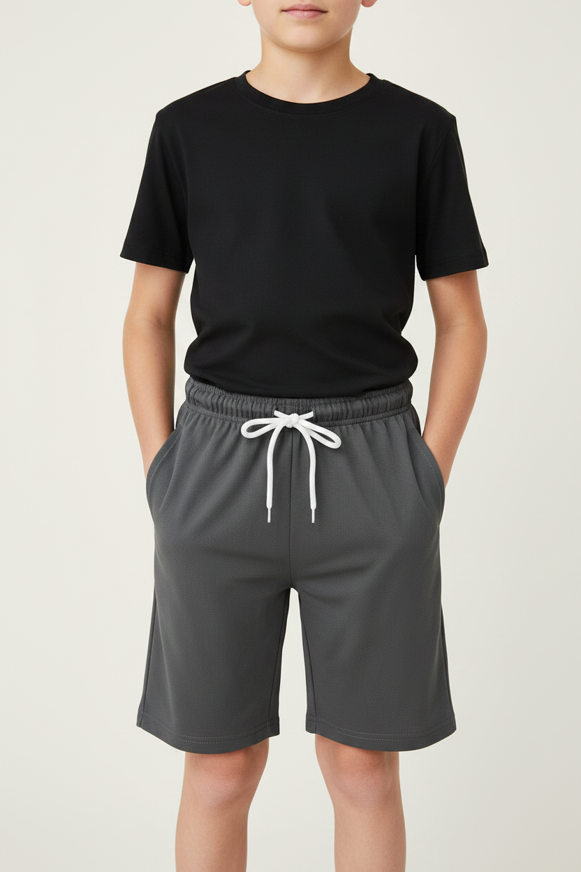 Boys Charcoal Mesh Shorts with Black Tee Model Shot