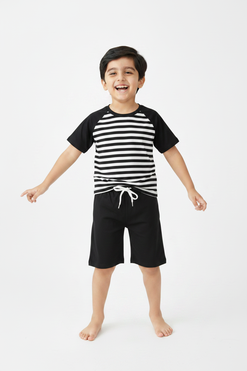 Boys Stripe Raglan Tee + Black Shorts – Summer Model Shot