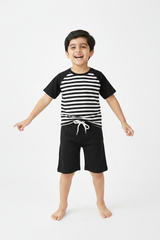 Boys Stripe Raglan Tee + Black Shorts – Summer Model Shot