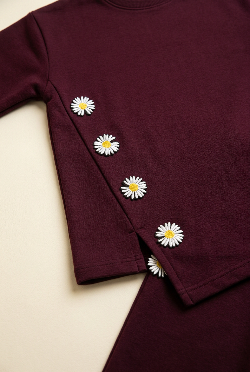 Close-up of burgundy fabric and daisy appliqué panel detail