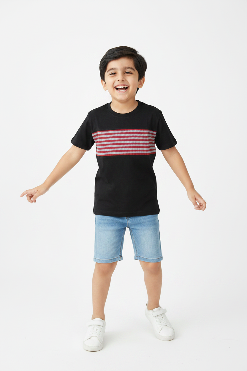 Cute Pakistani Boy in Black Red-Grey Stripe Tee