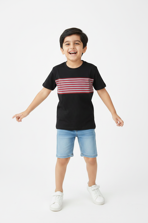 Boys Black T-Shirt with Red Stripe Panel | Kids Cotton Tee