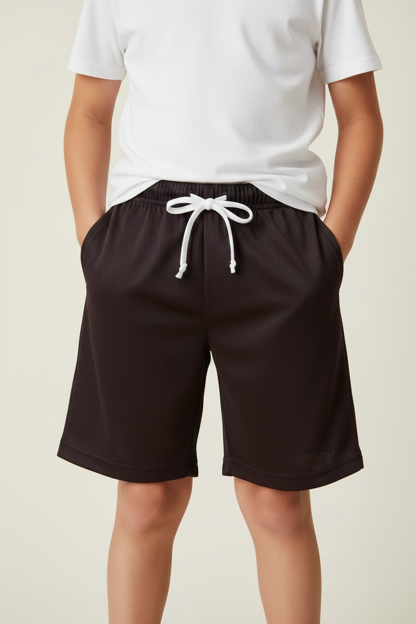 Dark Maroon Mesh Shorts Model with Drawcord