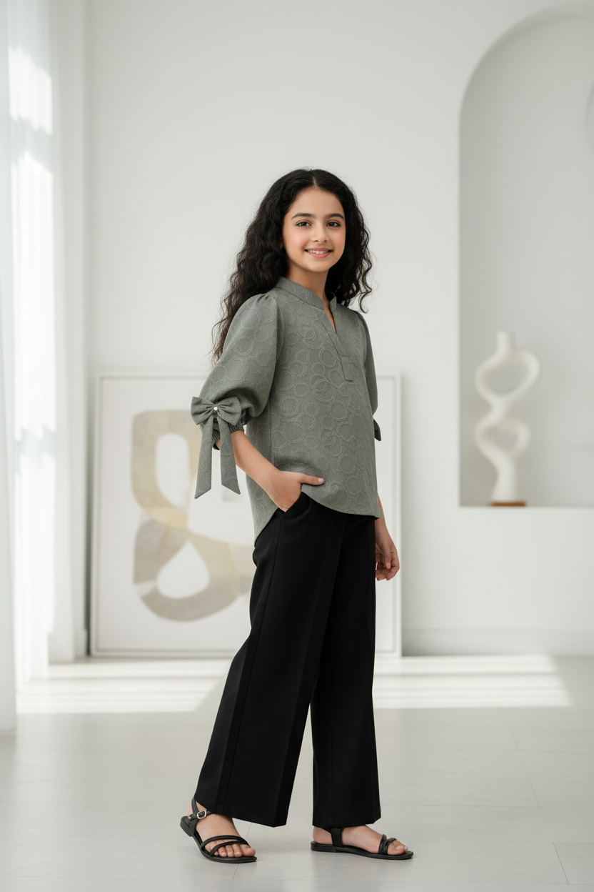 Girls Olive Jacquard Top - Pakistani Model Shot