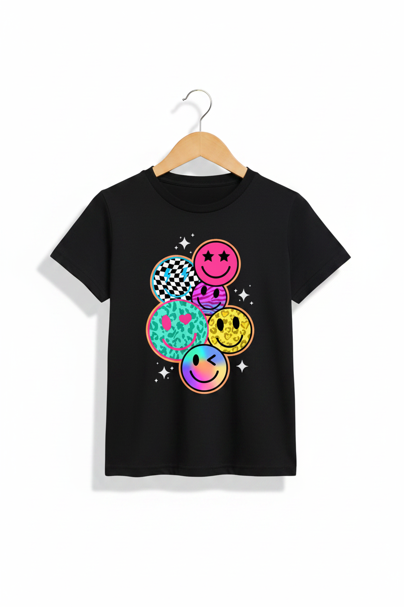 Kids Black Retro Smiley Face Cluster Tee - 3D Wooden Hanger White Background
