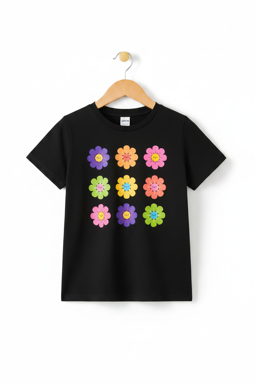 Kids Black Smiley Daisy Flowers Tee - 3D Wooden Hanger White Background