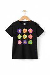 Kids Black Smiley Daisy Flowers Tee - 3D Wooden Hanger White Background
