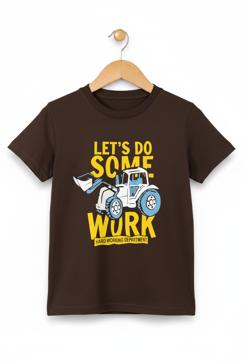 Kids Brown "Let's Do Some Work" Tee - 3D Wooden Hanger White Background