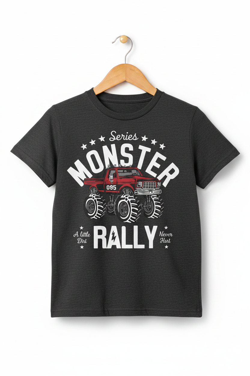 Kids Monster Rally Grey Tee - 3D Wooden Hanger White Background
