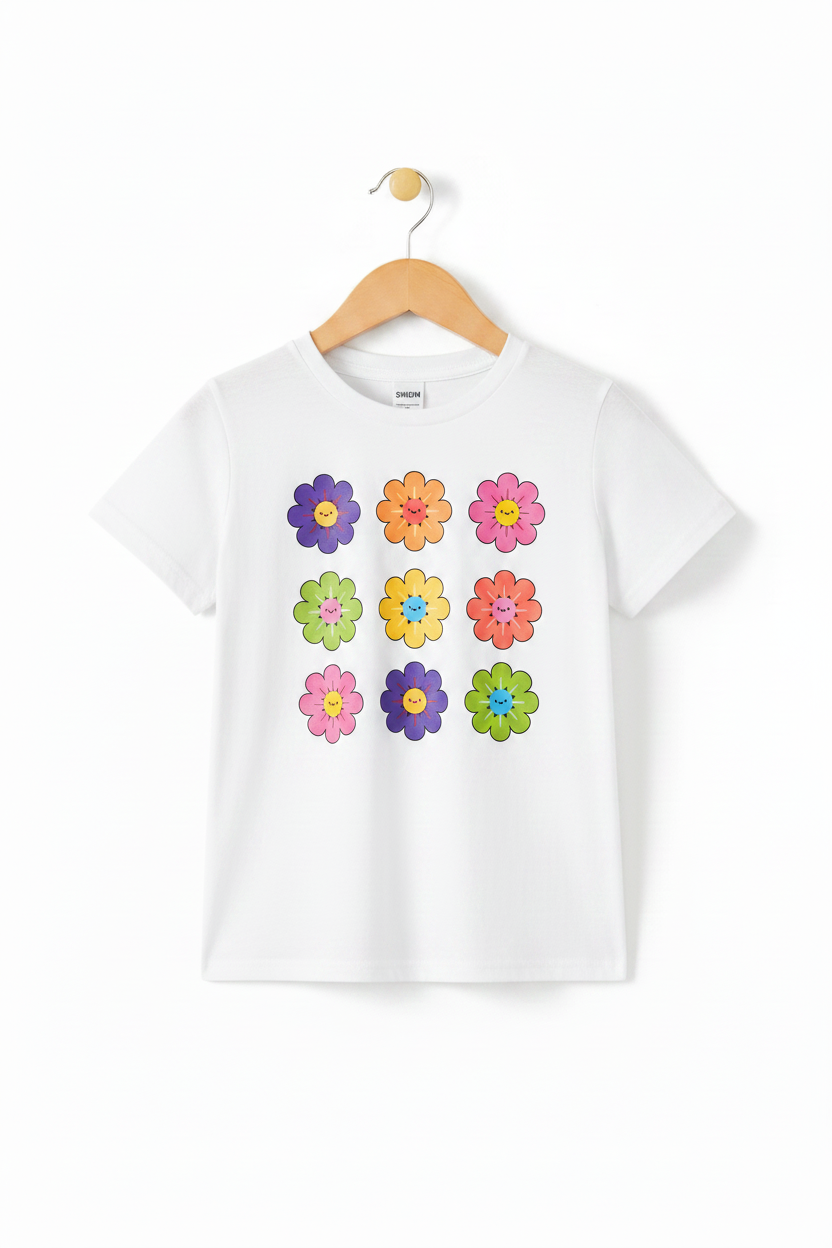 Kids White Smiley Daisy Flowers Tee