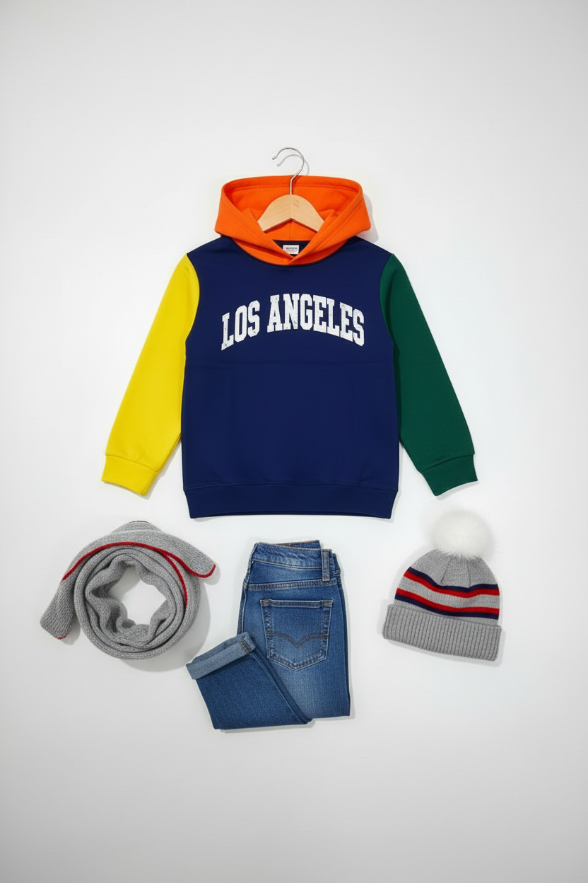 LA Colorblock Kids Hoodie – 3D Hanger Shot, Off-White Background