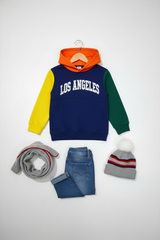 LA Colorblock Kids Hoodie – 3D Hanger Shot, Off-White Background