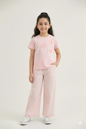 Girls Pink Floral Appliqué Co-ord Set – T-Shirt & pin tuck Trousers