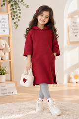 Girls Premium Quilted Long Hoodie Top – Deep Red
