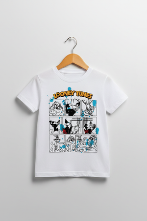 Kids White Looney Tunes Comic Strip Graphic T-Shirt